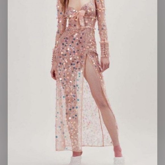 For Love & Lemons Ace Sequin Lace Nude Long Sleeve Slit Maxi Dress Gown - Picture 3 of 11